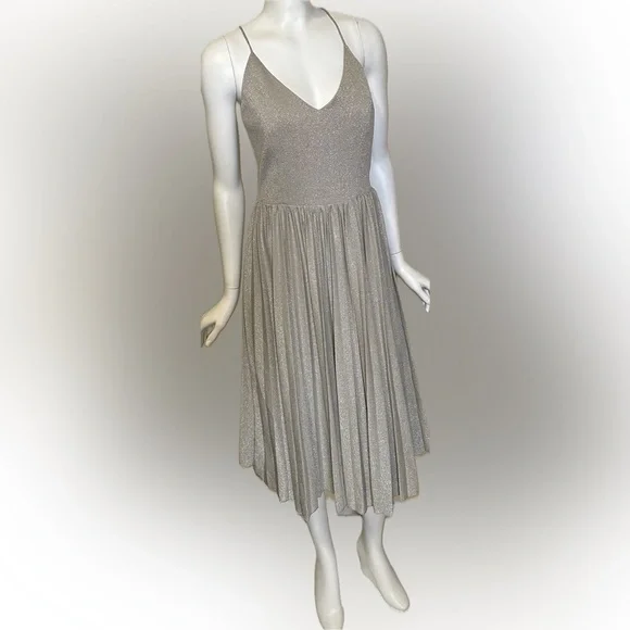 Anthropologie Elevenses Lunar Pleated Midi Dress Gold Sparkle Metallic Size 6 - Picture 1 of 13